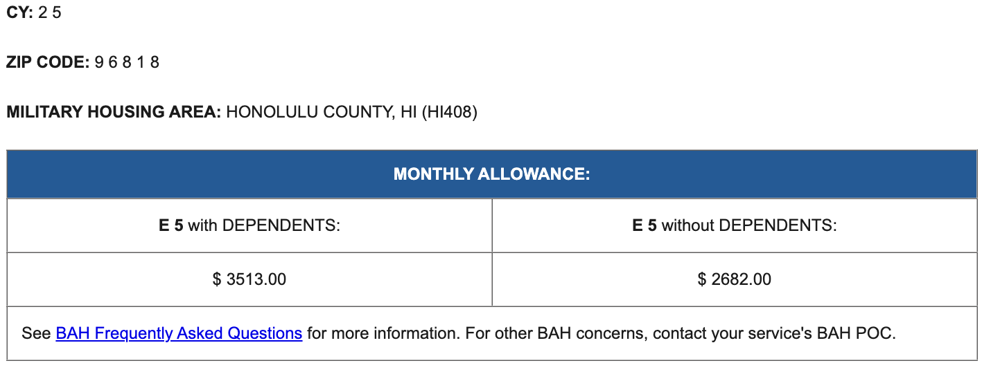 Hickam JBPHH BAH E-5 2025
