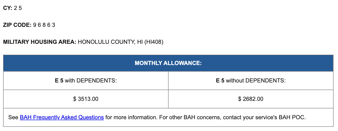 Kaneohe MCBH BAH E-5 2025