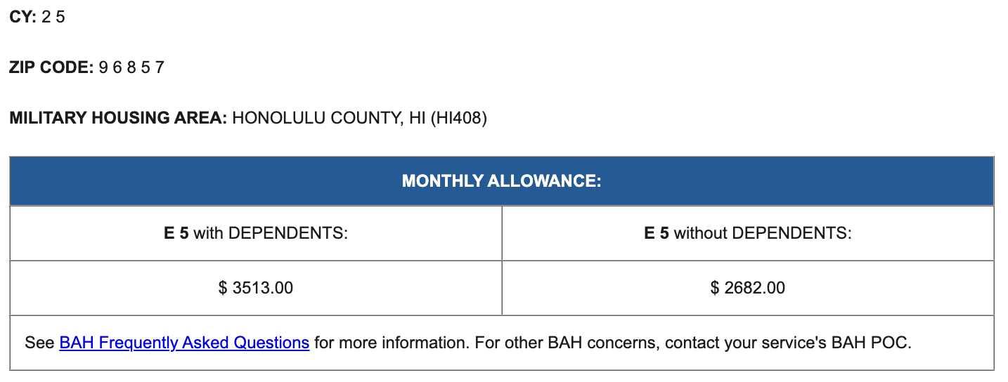 Schofield Barracks BAH E-5 2025